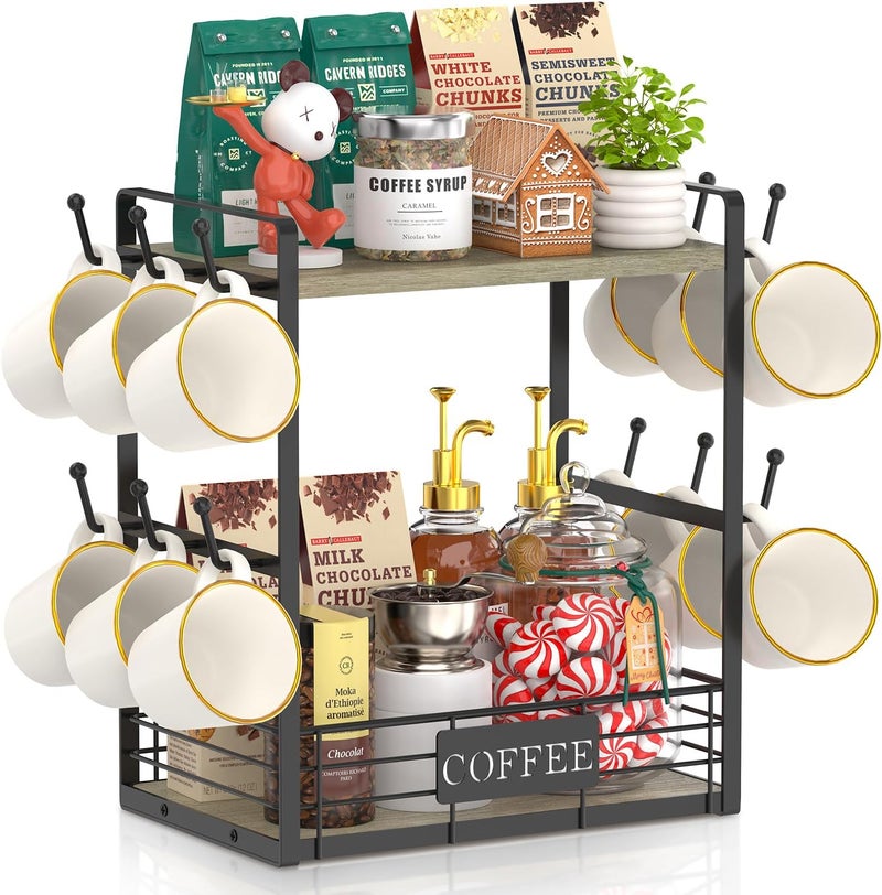 EsLuker.ly Coffee Mug Cup Holder Stand Bar Station Organizer for Countertop, Multi-Functional 2 Tier Mug Tree Rack for Kitchen, Storage Shelf with 12 Hooks, Grey Oak-Black(Patented Design) - Image 1